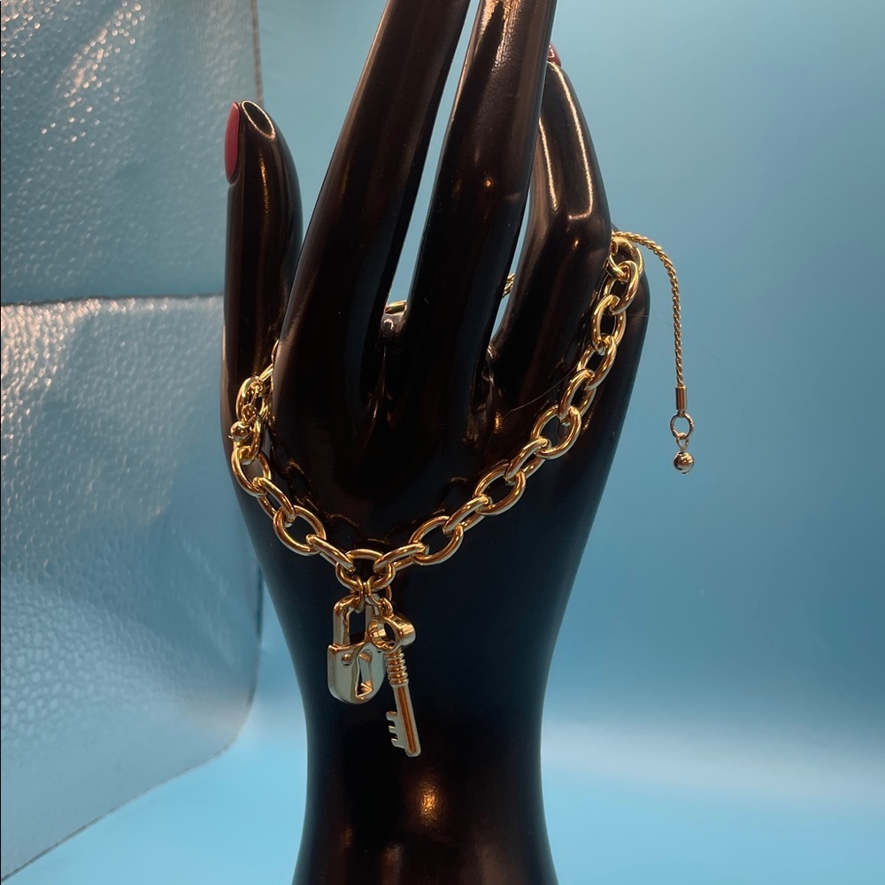 Gold Chain Bracelet with Lock and Key Charm and slider closures